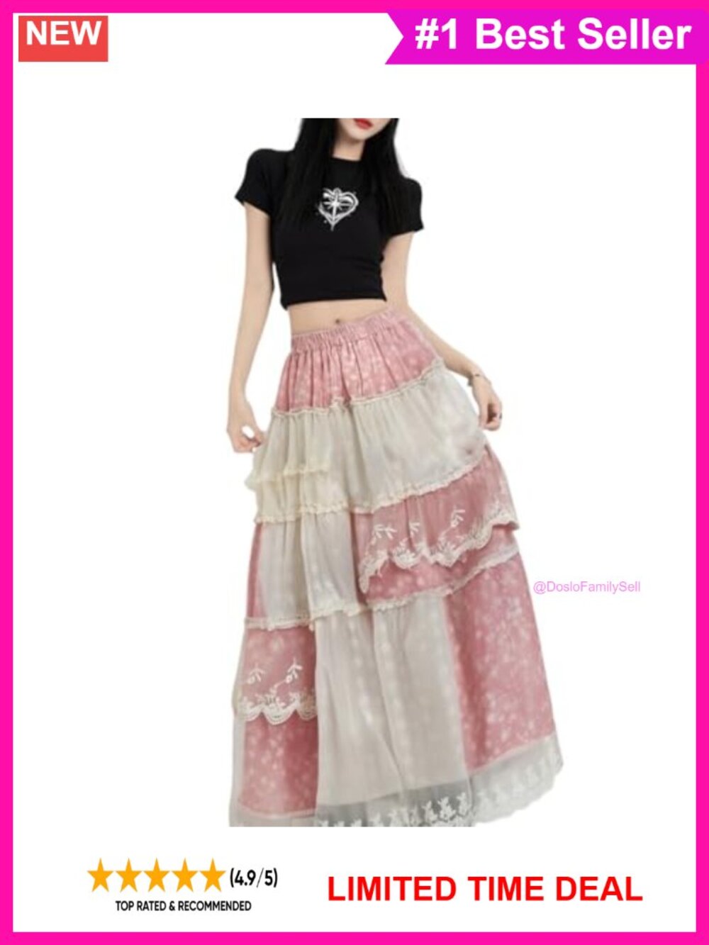 Y2K Patchwork Lace Midi Skirt High Waist Slimming Cotton Blend